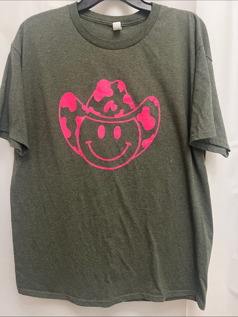 Fruit of the Loom Olive Green Tee with Hot Pink Cowboy Smile Graphic